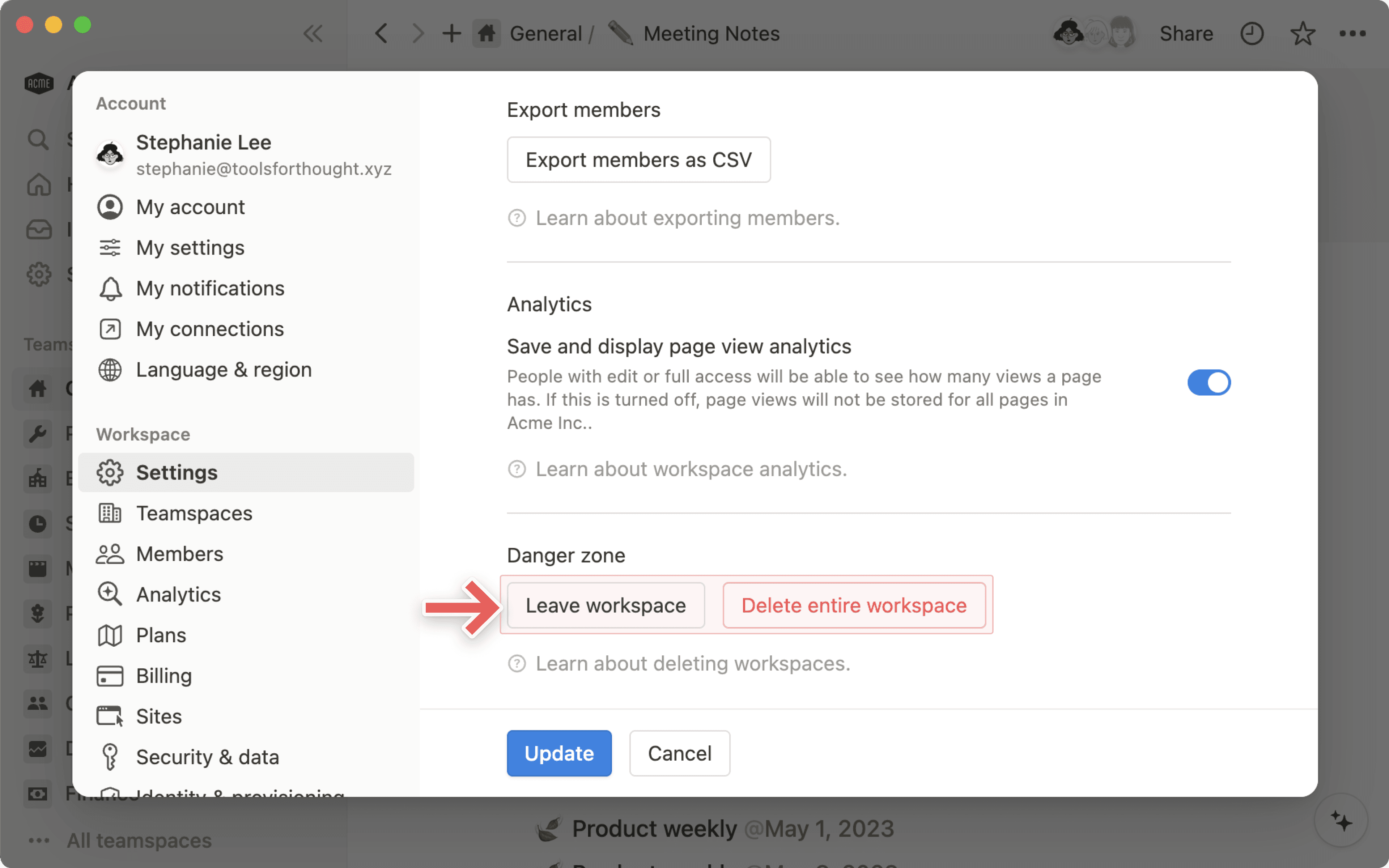 hc: leave or delete workspace