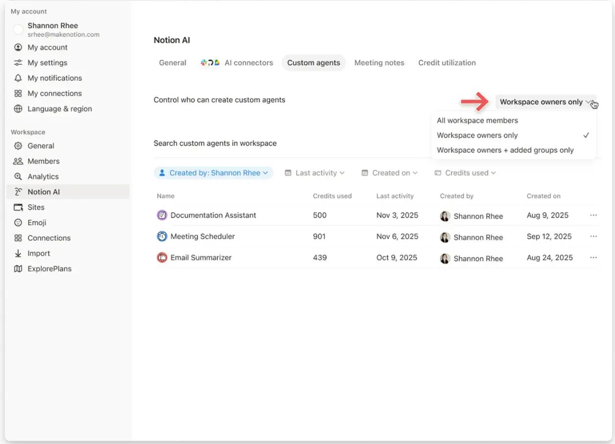 notion credits dashboard who can create agent