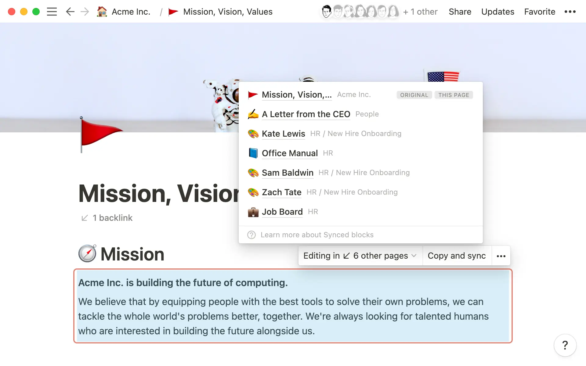 How Synced Blocks shows the path back to the original block.