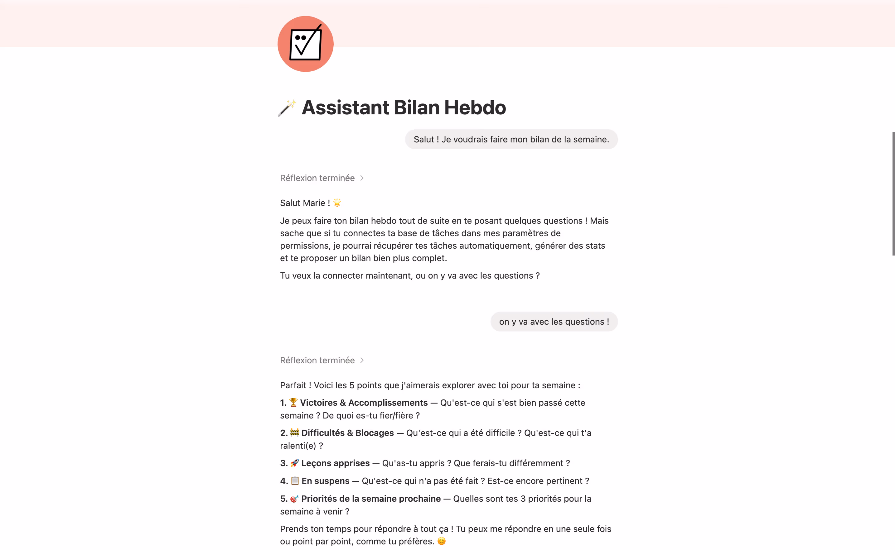 đȘ Assistant Bilan Hebdo